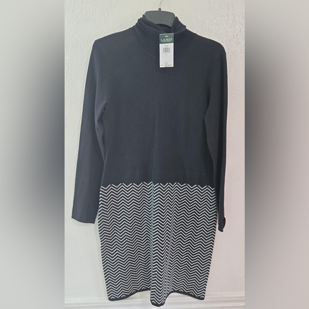 Ralph Lauren Black and White Long Sleeve Mock Neck Dress